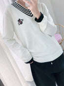 Estilo europeo primavera otoño mujeres abeja bordado suéter elegante cuello pico tejido suelto rayas manga larga suéter C-019