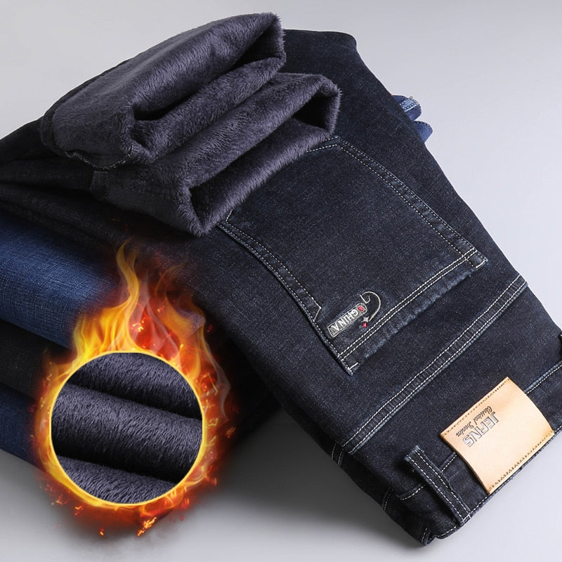 Winter Thermal Warm Flannel Stretch Jeans Mens Quality Famous Brand Fleece Pants Men Straight Flocking Trousers Jean Male