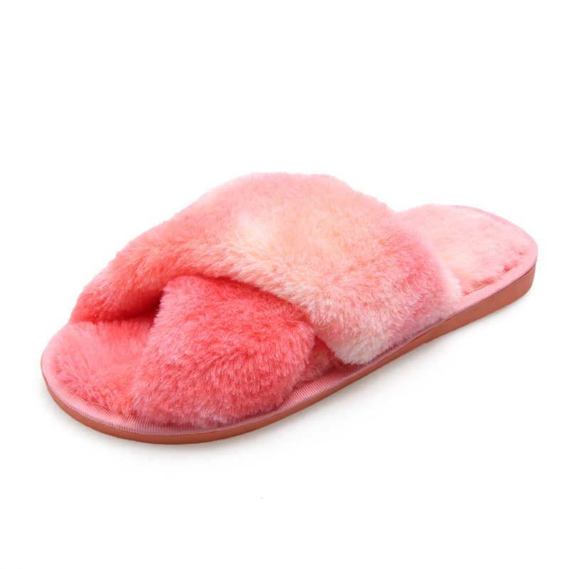Winter Mixed-Color House Women Fur Slippers Rainbow Color Bedroom Girls Plush Shoes Open Toe Indoor Ladies Furry Slippers