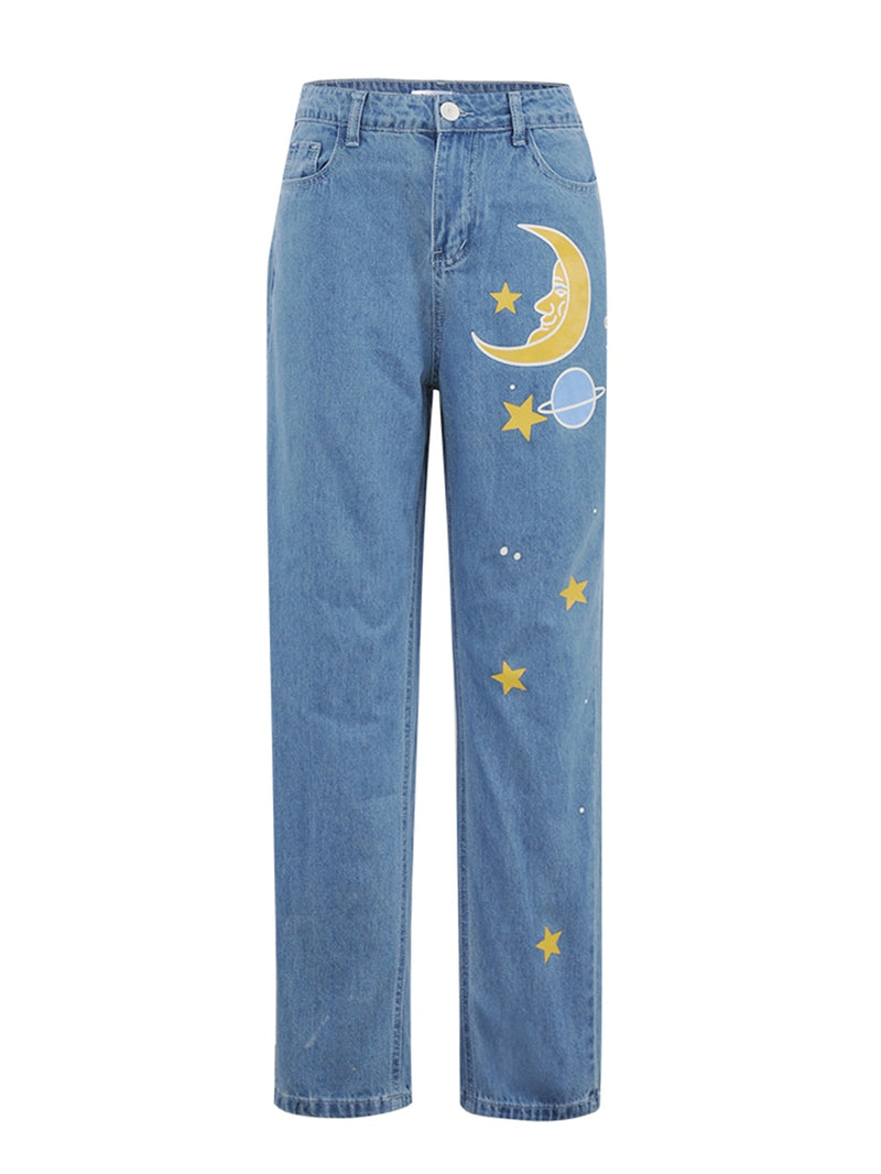 Pantalones vaqueros para mujer con patrón de dibujos animados de estrellas impresos 2022 Otoño Invierno pantalones de mezclilla aptos para chica joven Vintage bonitos pantalones vaqueros femeninos azul