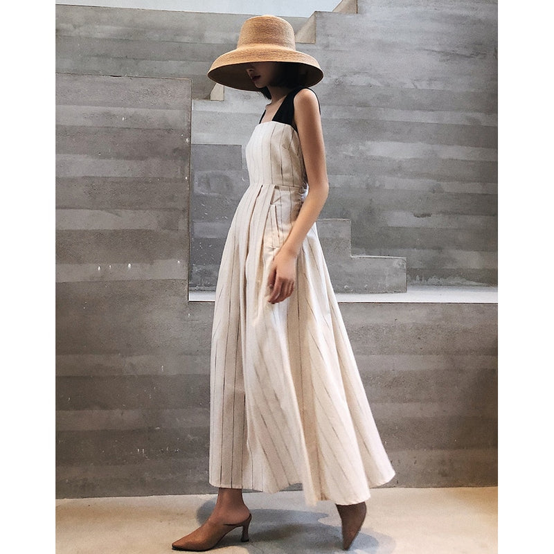 Women Stripes Dress Cotton and Linen High Waist Swing Vintage Pocket Cross Back Party Casual Dresses Vestidos Good Quarlity