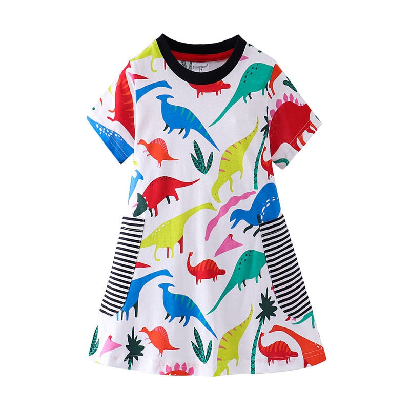 Jumping Meters Summer Cotton Baby Girls Dresses With Dinosaurs Print Pockets Children&#39;s Party Dress Hot Costume