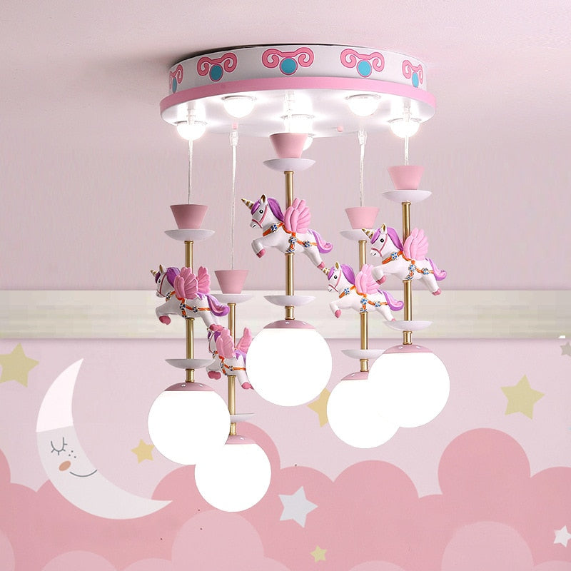 SANDYHA Nordic Simple Chandelier Boys Girls Bedroom Dreamlike Unicorn Hanging Lamp Creative LED Children&