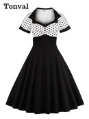 Tonval Two Tone Sweetheart Neck Button Front Vintage Party Dresses Women Pinup Retro Polka Dot A Line Summer Swing Dress
