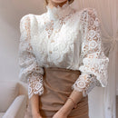 Chic Hollow Out Flower Lace Shirt Stand-Collar Blusas de verano que combinan con todo 2022 Pétalo manga Patchwork Mujeres Top Femme Blusas 12419