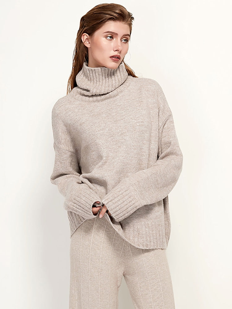 Aachoae Elegant Solid Knitted Two Piece Set Women Turtleneck Batwing Long Sleeve Loose Sweater Full Length Casual Wide Leg Pants