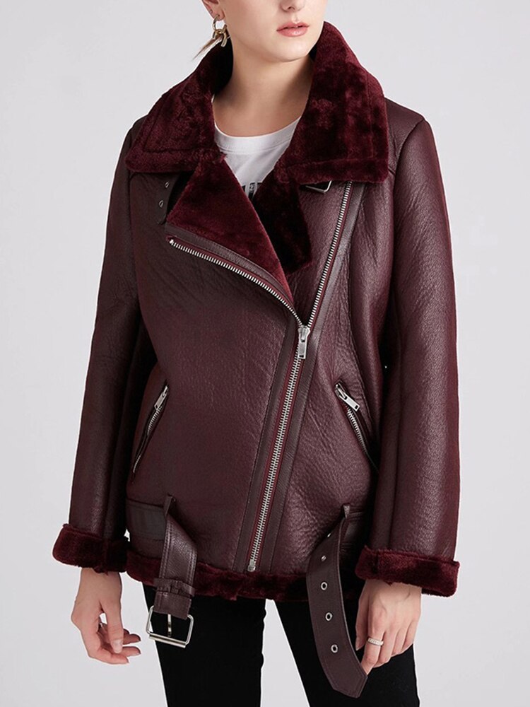 Ailegogo 2022 Winter Coats Women Thick Faux Leather Fur Sheepskin Coat Female Fur Leather Jacket Aviator Jacket Casaco Feminino