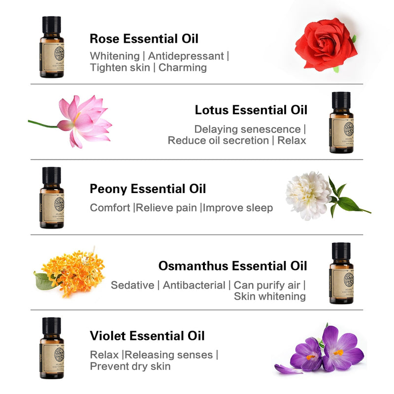 AKARZ Flower Serie 10 Sets Lavender Jasmine Rose Ylang Neroli Frangipani Lotus Peony Osmanthus Violet Essential Oil