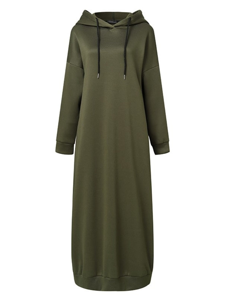 Frauen-Sweatshirt-Kleid 2022 stilvolle Hoodies Langarm-Maxi-Kleid weiblich lässig fest mit Kapuze Vestidos Robe