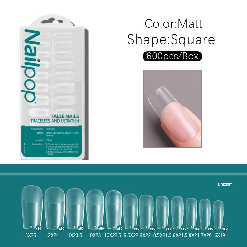 Nailpop 600 Stück PRO Kunstnägel Semi-Matt Almond Coffin Full/Half Acryl Quadratische Falsche Nagelspitzen für Verlängerungsspitze Maniküre-Werkzeug