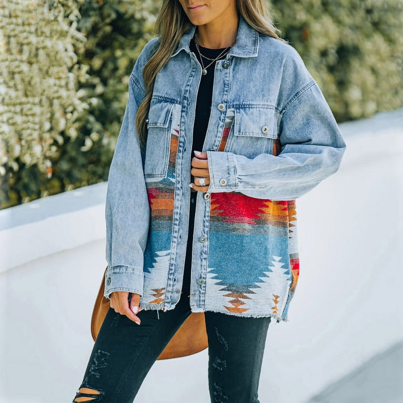 Jeans Casual Jackets 2023 Autumn Winter New Aztec Lapel Pocket Denim Coat Patchwork Long Sleeve Wool Women&