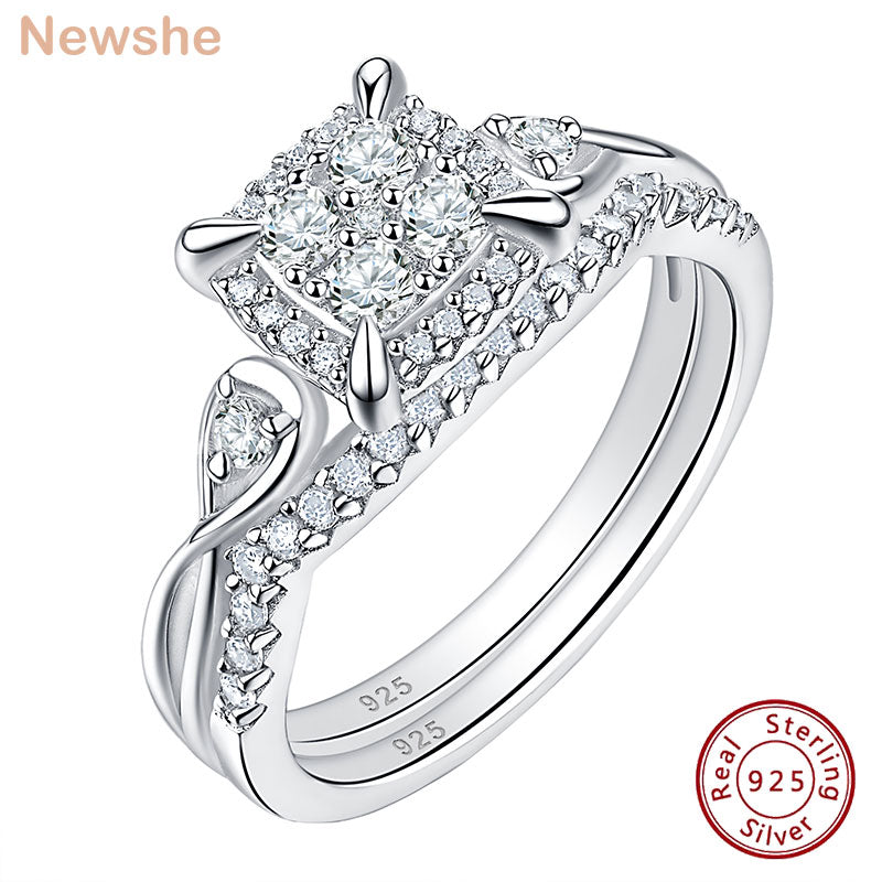 Newshe Exclusive Bridal Set for Women 2 Pieces Solid 925 Sterling Silver Wedding Rings Halo Round Cut Clustered AAAAA CZ