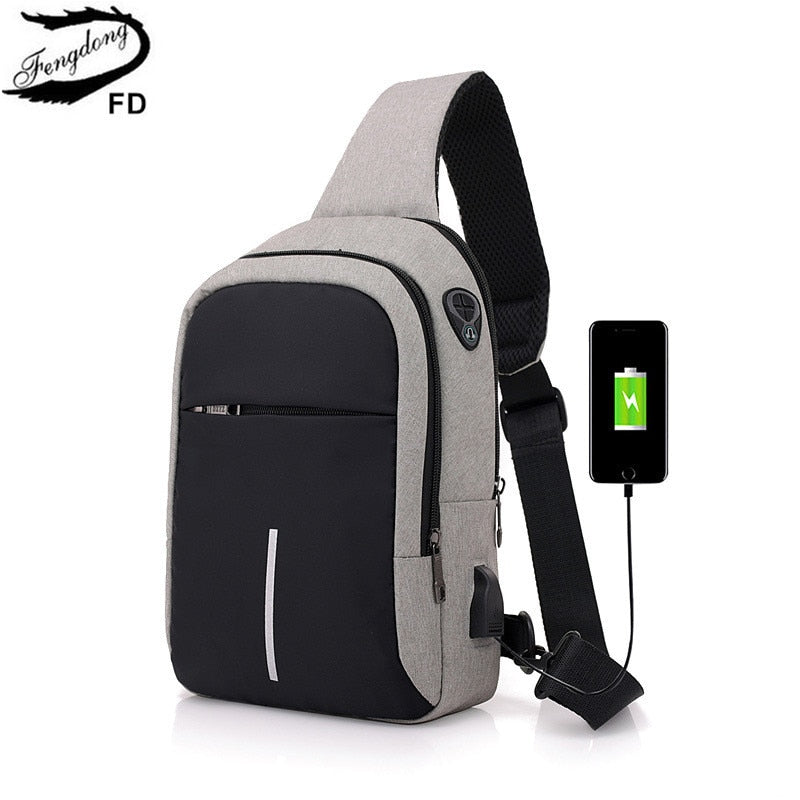 Fengdong small usb charge shoulder bag men messenger bags male waterproof sling chest bag boy travel bagpack men cross body bags