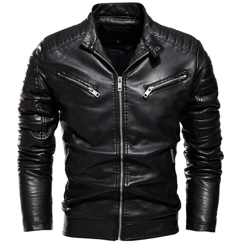 2022 Winter Black Leather Jacket Men Fur Lined Warm Motorcycle Jacket Slim Street Fashion BLack Biker Coat Pleated Design Zipper