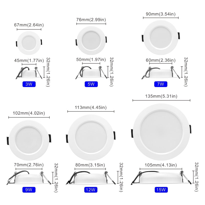 10 unids/lote de luz descendente Led de 3W, 5W, 7W, 9W, 12W, 15W, 220V, luz de techo empotrada, Panel Led redondo de 3/4/5 pulgadas, iluminación de foco descendente