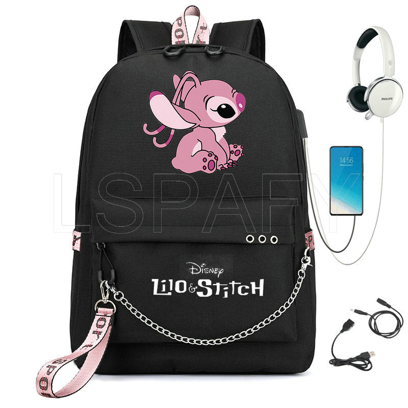 Disney Kawaii Stitch Bag Zipper USB Charging Mochila Capacity Backpack Women Kpop School Bags for Teenage Girls Students