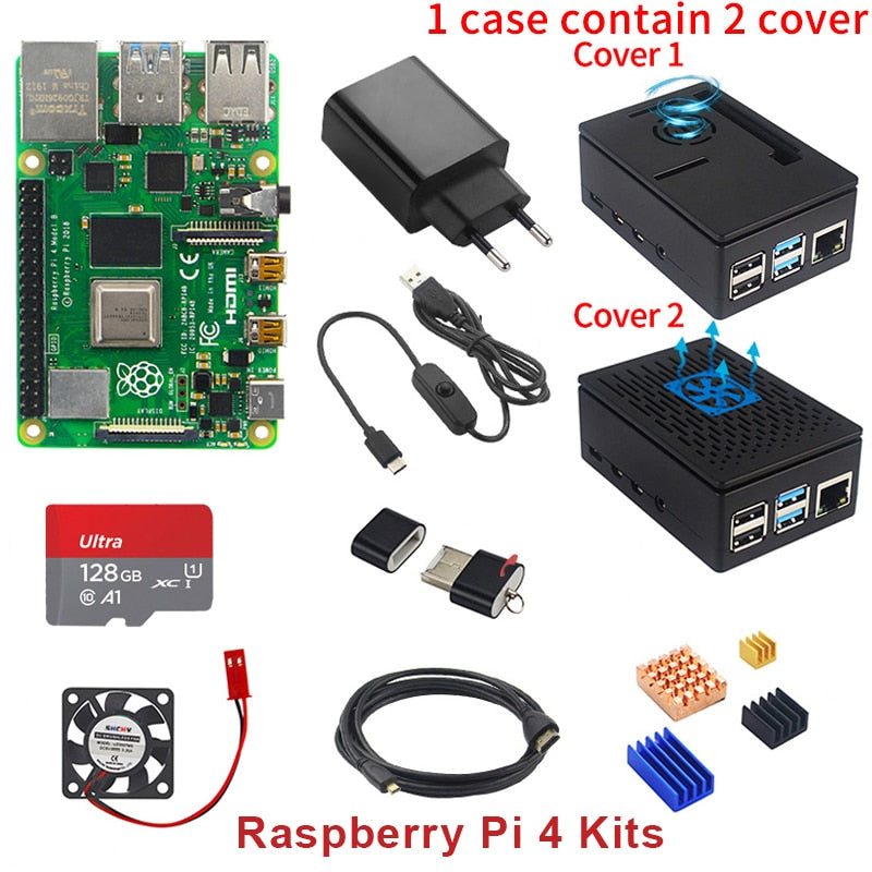 Raspberry Pi 4 8GB 4GB 2GB Kit + Netzteil + ABS-Gehäuse + 32G 64G 128G Karte + Lesegerät + Kühlkörper für Raspberry Pi 4 Modell B