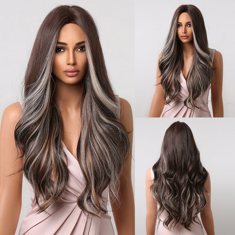 JONRENAU Long Natural Wave Middle Part Hair Gradient Dark Brown Synthetic Wigs  for Women Daily Cosplay Use Heat Resistant Wig