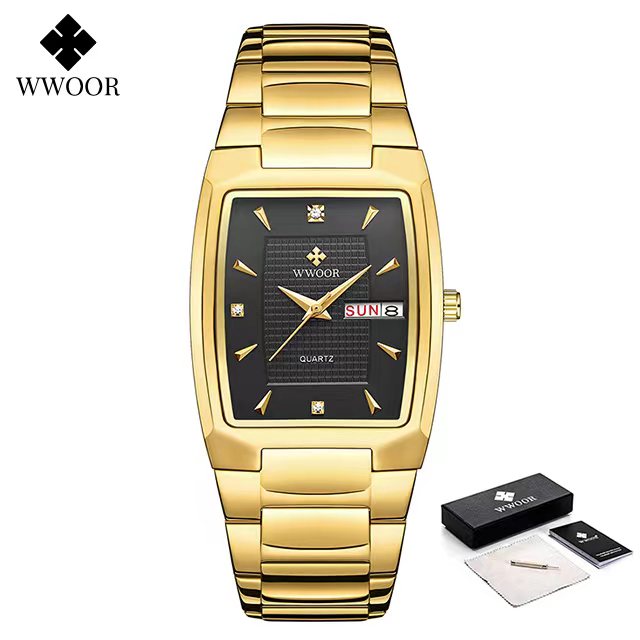 Relogio Masculino WWOOR 2022 Neue quadratische Uhr Herren mit automatischem Wochendatum Mann Quarz Armbanduhren Luxus Edelstahl Gold