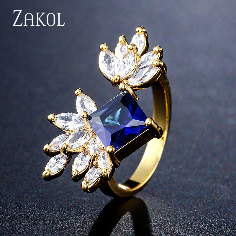 ZAKOL Fashion Yellow Square AAA Cubic Zirconia Adjustable Ring for Women Leaf Bridal Wedding Party Dress Jewelry FSRP2109
