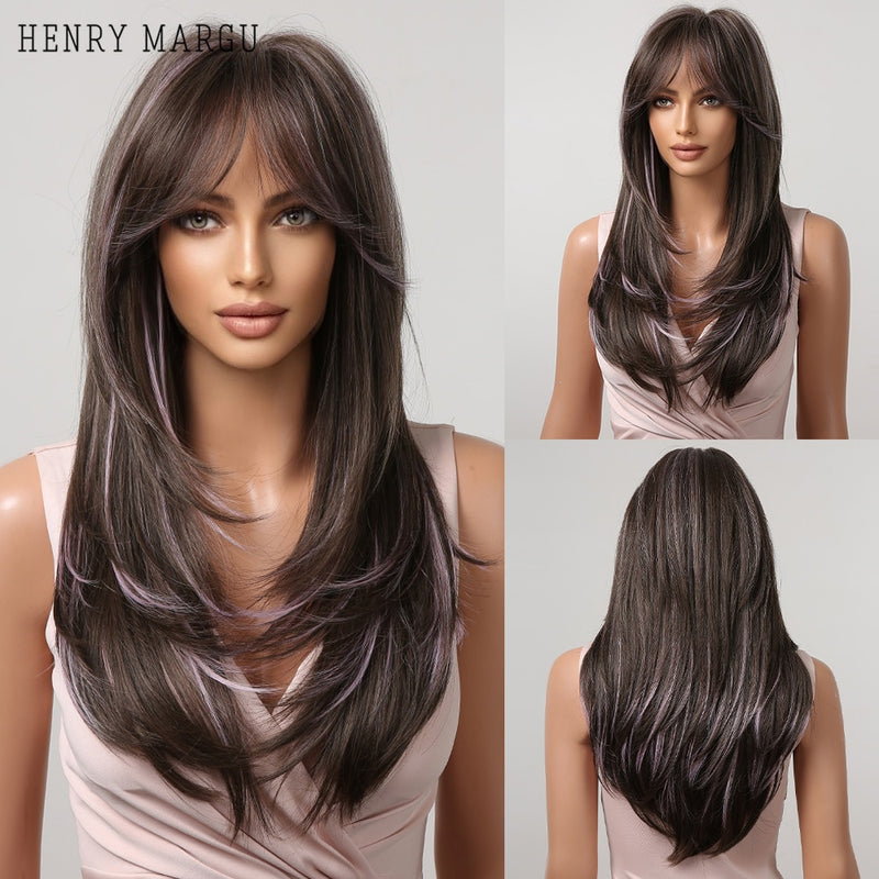 HENRY MARGU Long Straight Black Synthetic Wigs With Bangs Natural Fake Hairs for Women Afro Heat Resistant Cosplay Daily Wigs