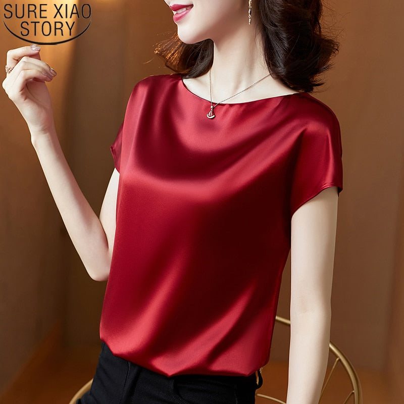 Office Lady Tops Summer Short Sleeve Blouses Satin Blouse Women Shirts Fashion Simple Solid Casual Loose Shirt Blusas 13377