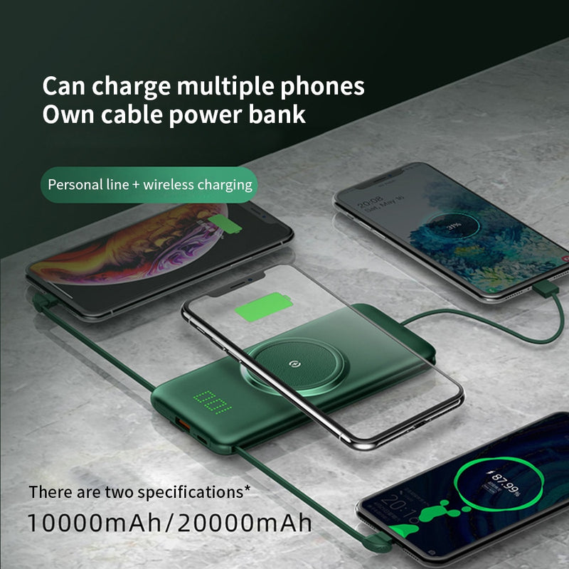 PINZHENG 20000 mAh Wireless Charger Power Bank Eingebaute 4 Kabel 10000 mAh Powerbank Tragbares externes Ladegerät für iPhone