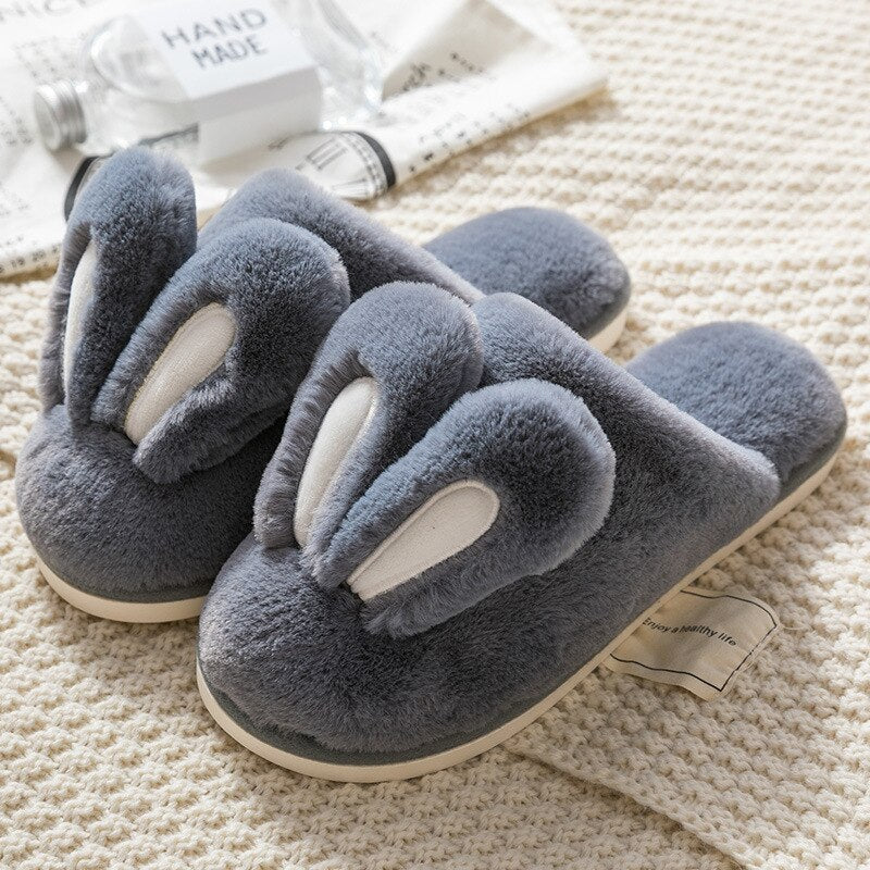 2022 NEW Design Women Winter Furry Slippers Rabbit Ears Couple House Shoes Warm Solid Color Versatile Slippers Chinelos Planos