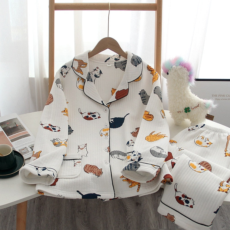 Pantalones de manga larga de otoño e invierno de nuevo estilo japonés, algodón de aire de algodón puro, pijamas cálidos para mujer, ropa de dormir de servicio a domicilio