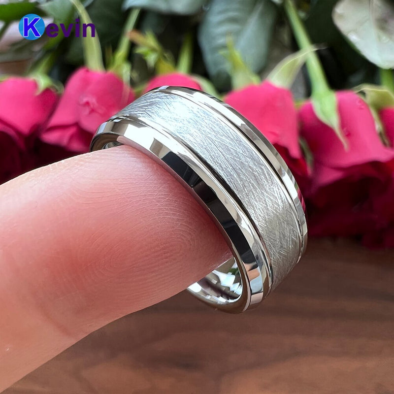 Men Women Tungsten Wedding Band Ring With Bevel Brush Groove Finish 8MM Comfort Fit