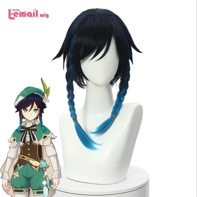 L-email wig Synthetic Hair Genshin Impact Venti Cosplay Wig Venti Ombre Blue With Braids Ponytails Bangs Heat Resistant Wigs