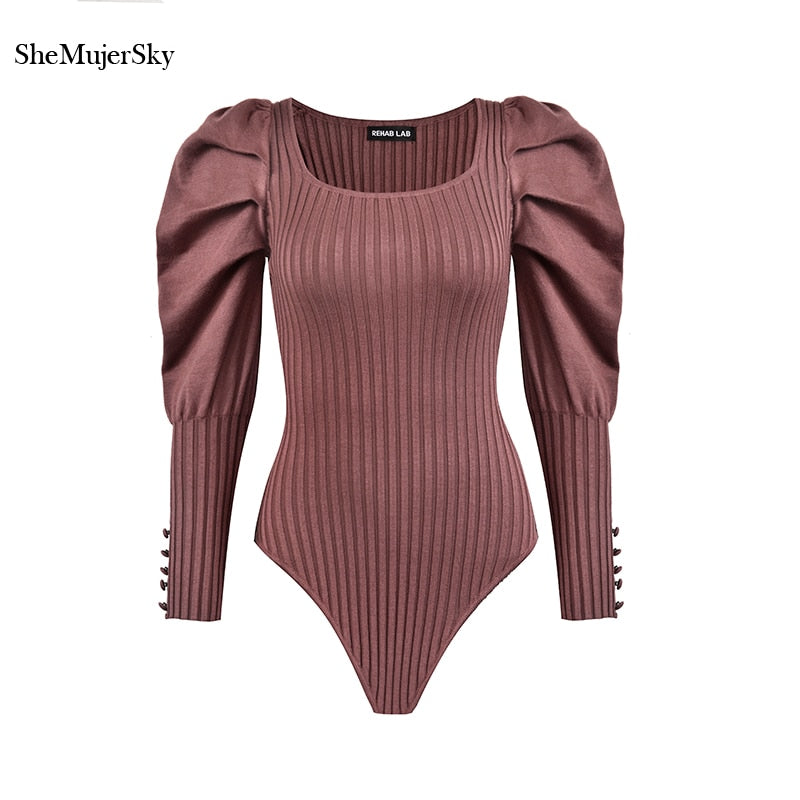 SheMujerSky Autumn Knitted Bodysuits Women Vintage Square Collar Puff Sleeve Bodysuit 2020 Solid Color Slim Jumpsuit