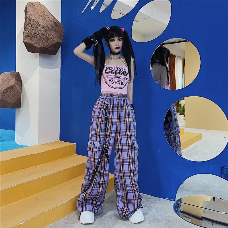 QWEEK Punk Harajuku pantalones a cuadros mujeres Goth Hippie pantalones a cuadros Hip Hop pantalones anchos Cargo Indie y2k estético 2000s coreano