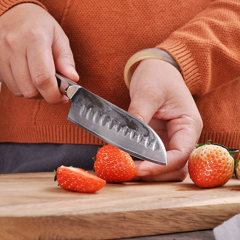 SUNNECKO Professionelles Santoku-Messer, 12,7 cm, japanische VG10-Kern-Damaststahlklinge, Küchenmesser, G10-Griff, Gemüse-Fleischschneider