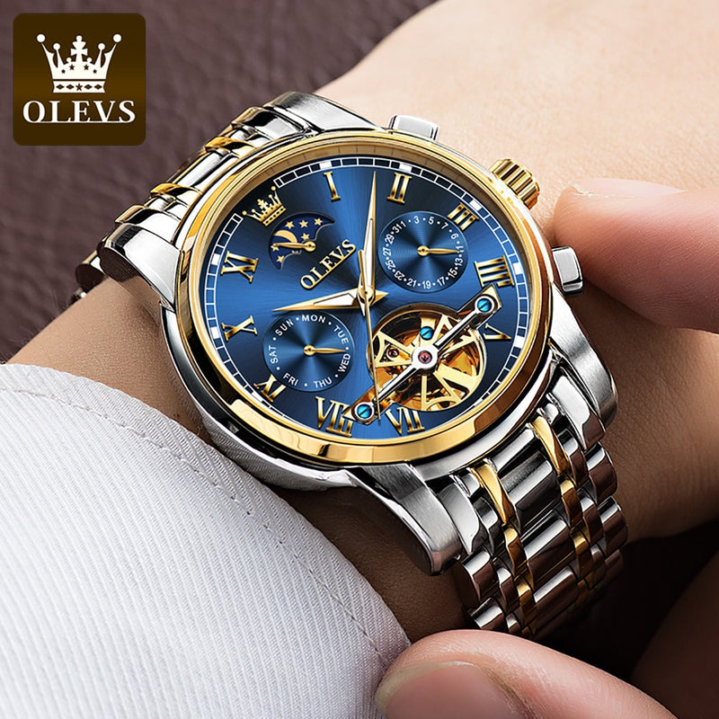 OLEVS Herrenuhr Automatische mechanische Uhr Stianless Top Brand Dress Luxus Mondphase Tourbillon Armbanduhr Geschenke für Männer