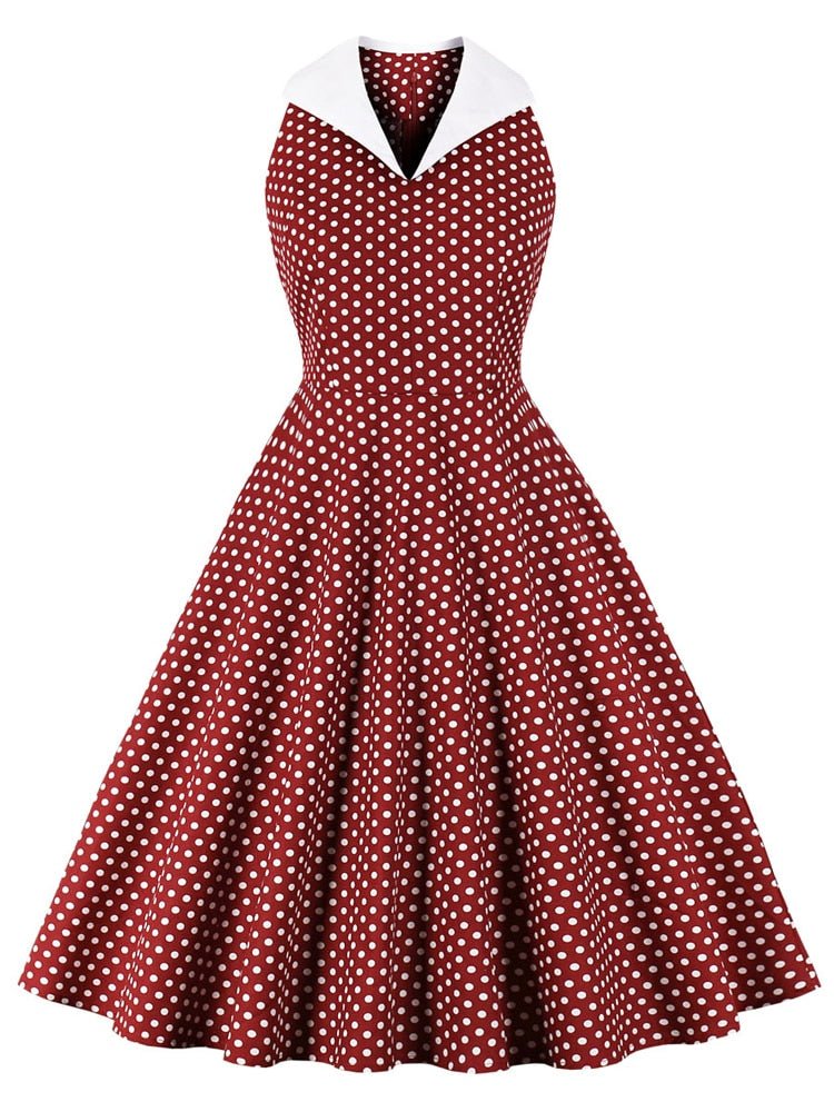 Tonval Turn-Down Collar Sleeveless Polka Dot Vintage Rockabilly Dresses for Women 2022 Summer A-Line Cotton Retro Dress