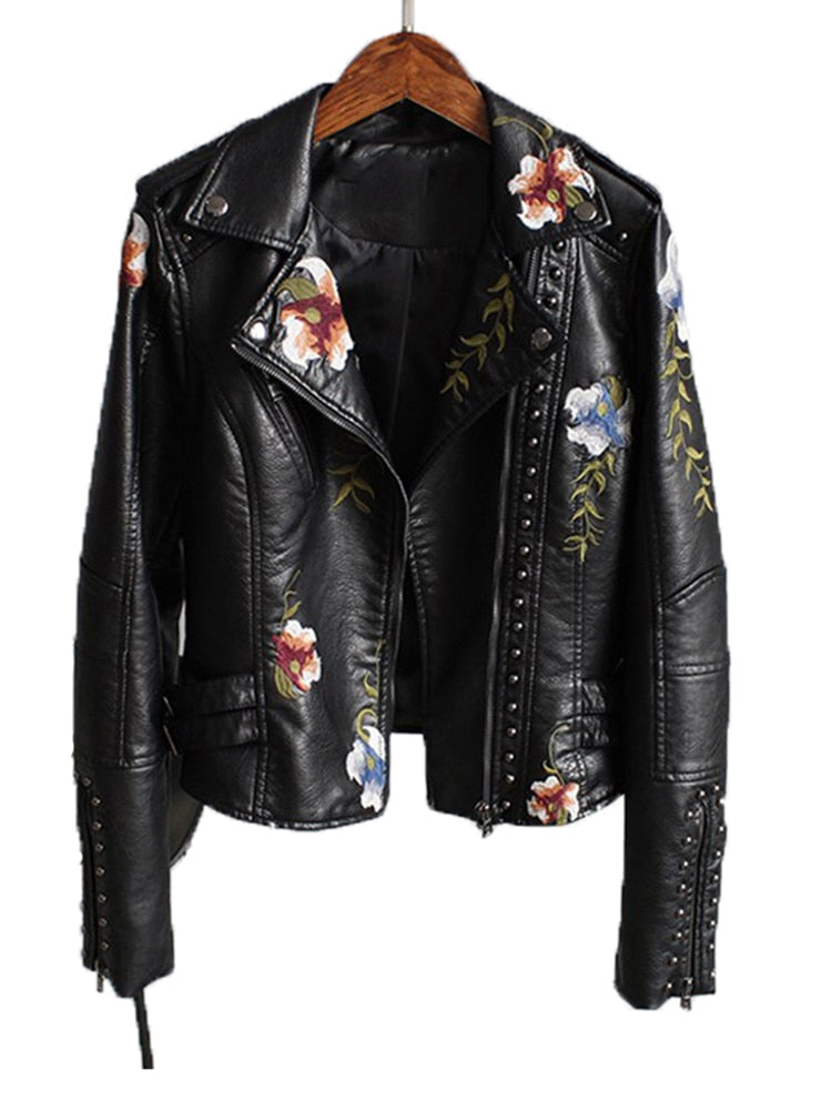 Ftlzz Frauen Blumendruck Stickerei Faux Weiche Lederjacke Mantel Umlegekragen Lässige Pu Motorrad Schwarz Punk Oberbekleidung