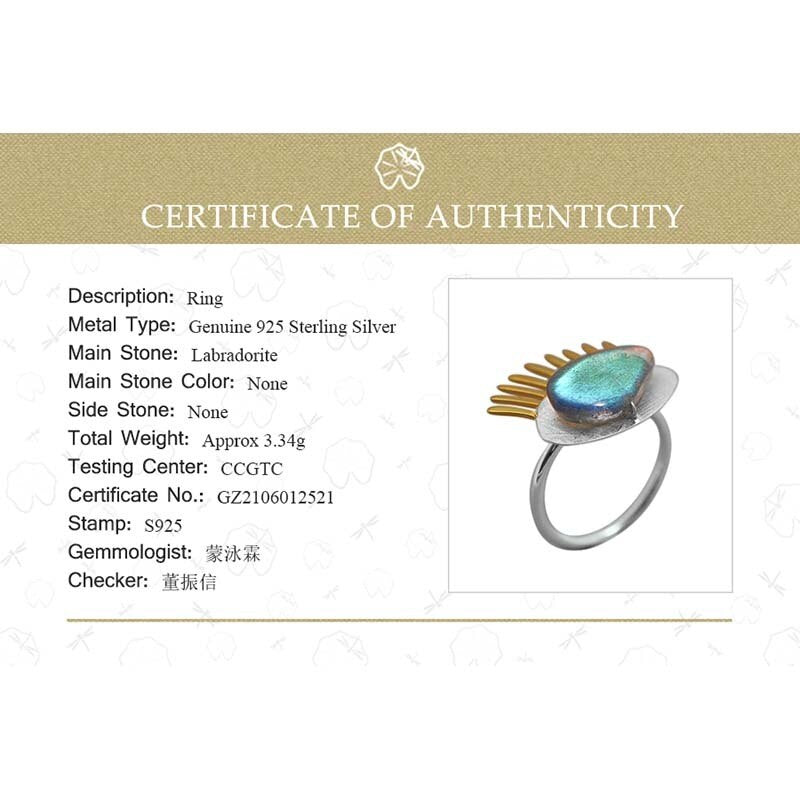 Lotus Fun Real 925 Sterling Silver Natural Labradorite Fine  Jewelry Adjustable Ring Interesting Golden Eyelashes Ring for Women