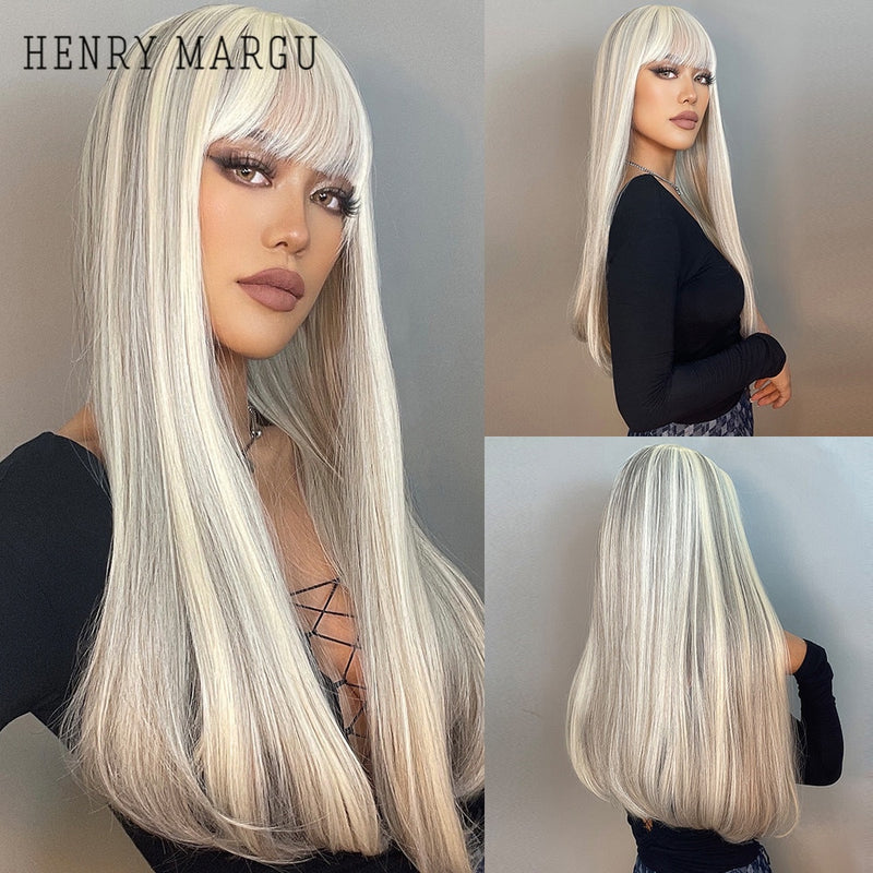 HENRY MARGU Long Straight Black Synthetic Wigs With Bangs Natural Fake Hairs for Women Afro Heat Resistant Cosplay Daily Wigs