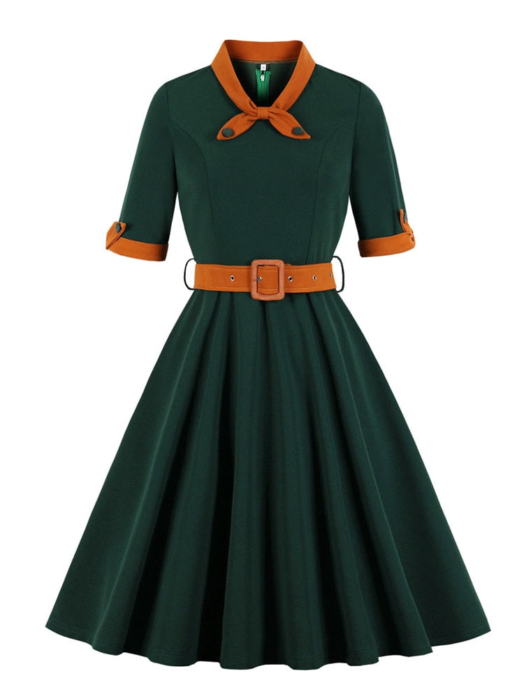 Tonval verde contraste lazo cuello y puños Vintage vestido con cinturón media manga otoño mujeres Fit y Flare Retro Swing vestidos