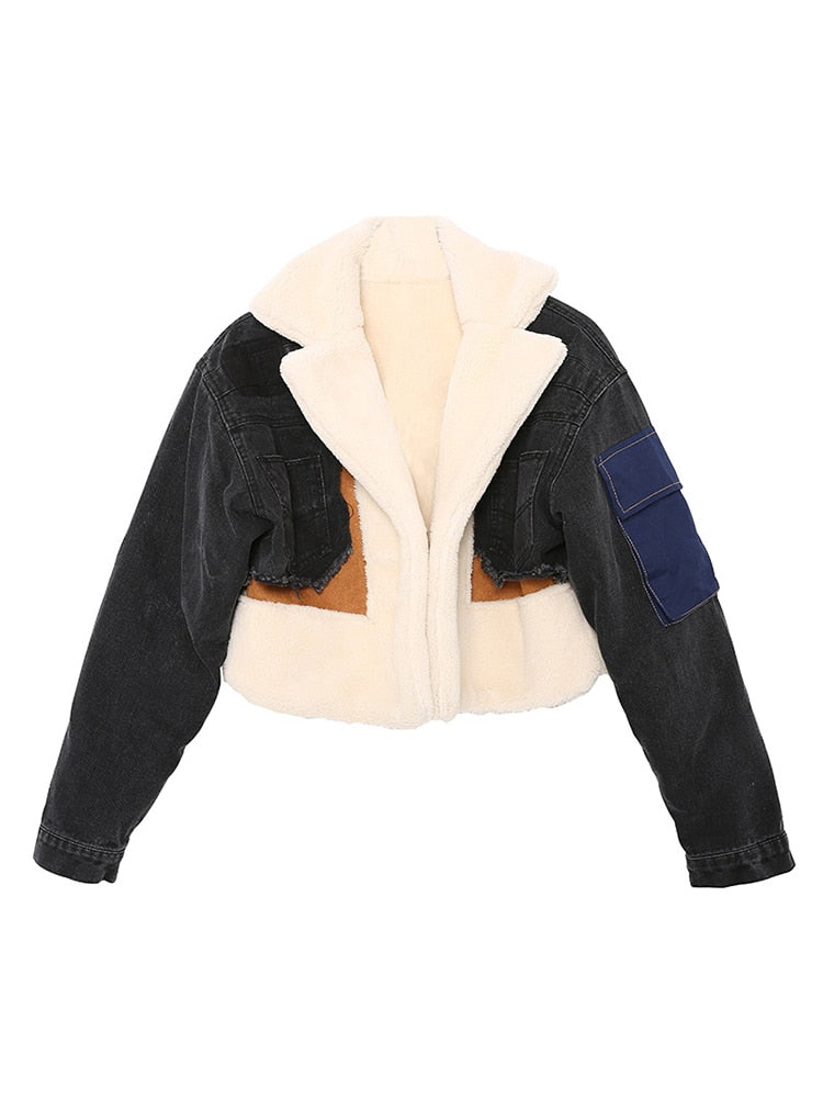 Chaqueta vaquera de lana de cordero TWOTWINSTYLE Patchowrk para mujer, abrigo informal con solapa de manga larga y borlas para mujer, moda de invierno 2022 nueva