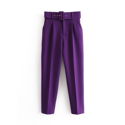 WOTWOY Elegant Formal High Waist Pants Women Skinny Office Lady Pencil Pants Women Pockets Sashes Ankle-Length Trousers Women
