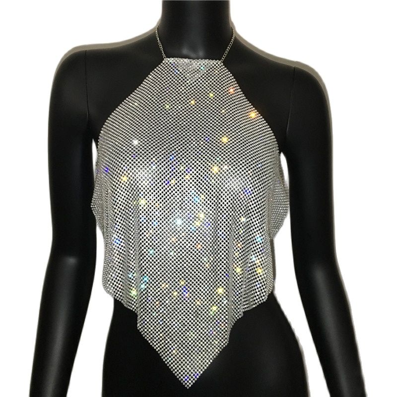 AKYZO Frauen Luxus Handgemachte Strass Camis Backless Metallkette Nachtclub Tops Sommer Party Club Gold Diamant Tanktops