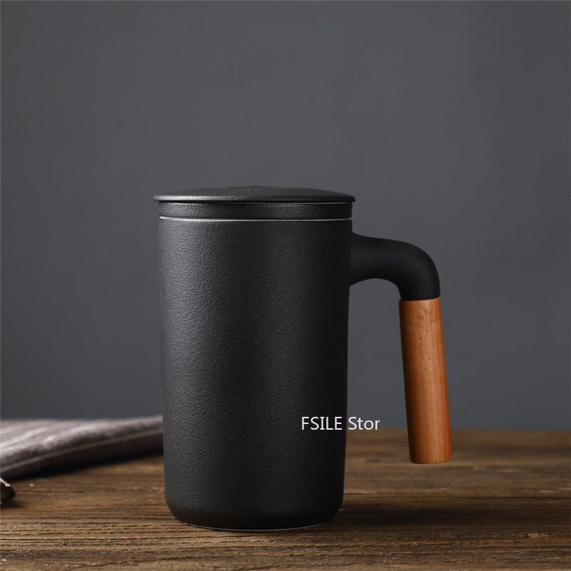 450ml FSILE Ceramic Large Capacity Mug Japanese Style Stoneware Office Cup with Wooden Handle Gift Mug with Lid Tea Separation