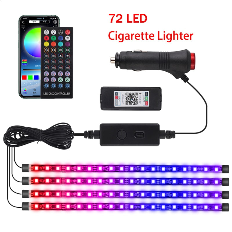 Luz LED para pie de coche, lámpara ambiental, aplicación USB, Control remoto de música, múltiples modos, luces decorativas interiores automotrices