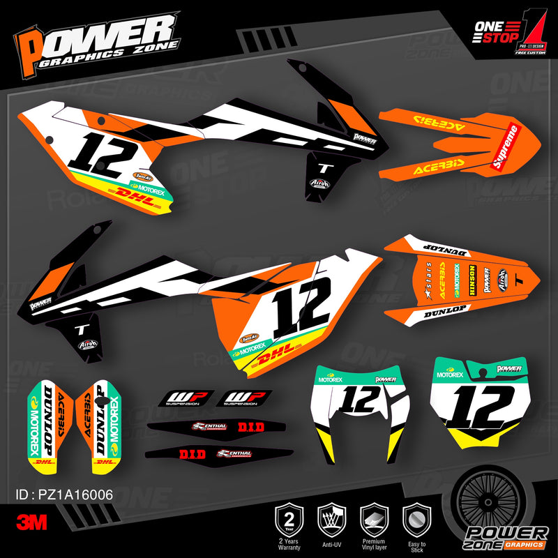 PowerZone Custom Team Graphics Backgrounds Decals 3M Sticker Kit für KTM SX SXF MX 16–18 EXC XCW Enduro 17–19 125 bis 500 cc 06