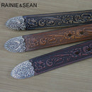RAINIE SEAN, cinturón de cintura para hombre, Jeans de cuero genuino, cinturón con Pin en relieve, cinturones de cuero de vaca Real de alta calidad para hombre Vintage Borgoña