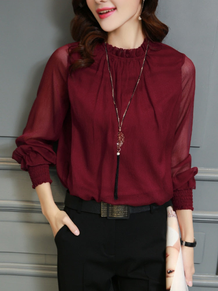 Chiffon Blouse New Women Tops Long Sleeve Stand Neck Work Wear Shirts Elegant Lady Casual Blouses women&