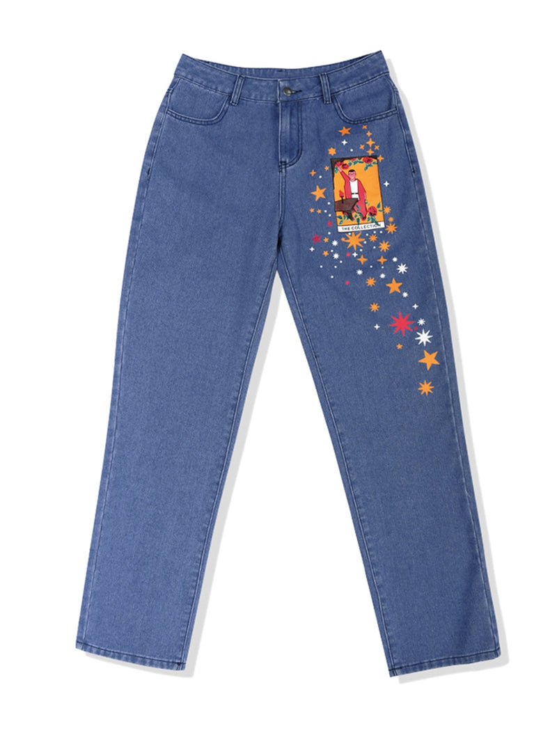 Damen Jeans Star Cartoons Muster gedruckt 2022 Herbst Winter Jeanshose passend für junges Mädchen Vintage süße weibliche Jeanshose Blau