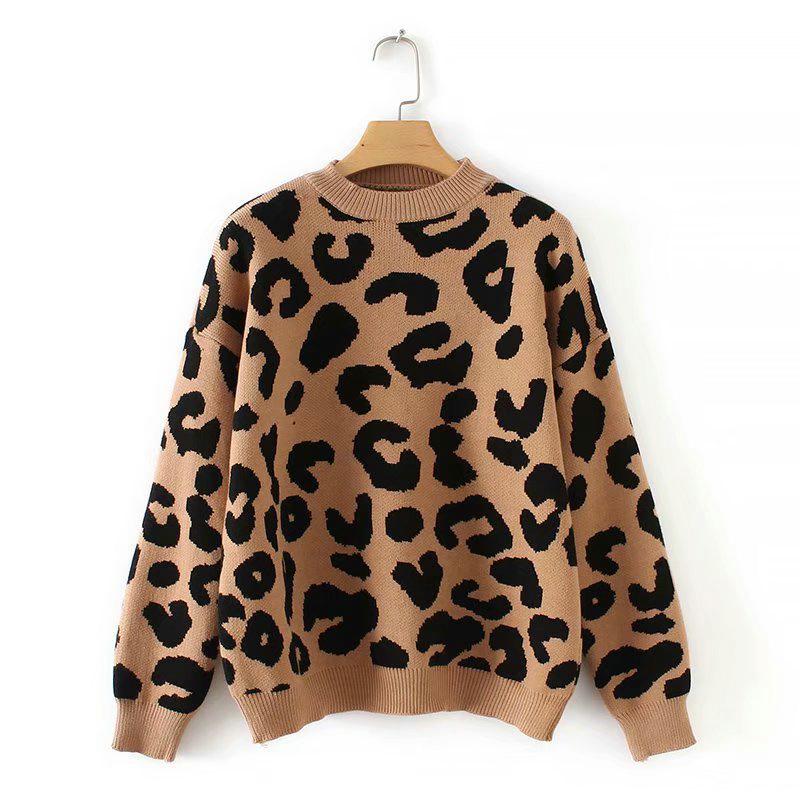 Tangada Frauen Leopard Strickpullover Winter Tierdruck dicke Langarm weibliche Pullover beiläufige Oberteile 2X05